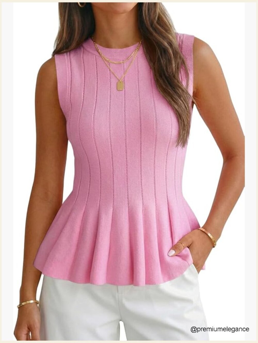 Womens Pleated Peplum Tank Top Fitted Ribbed Crew Neck Sleeveless Vest
